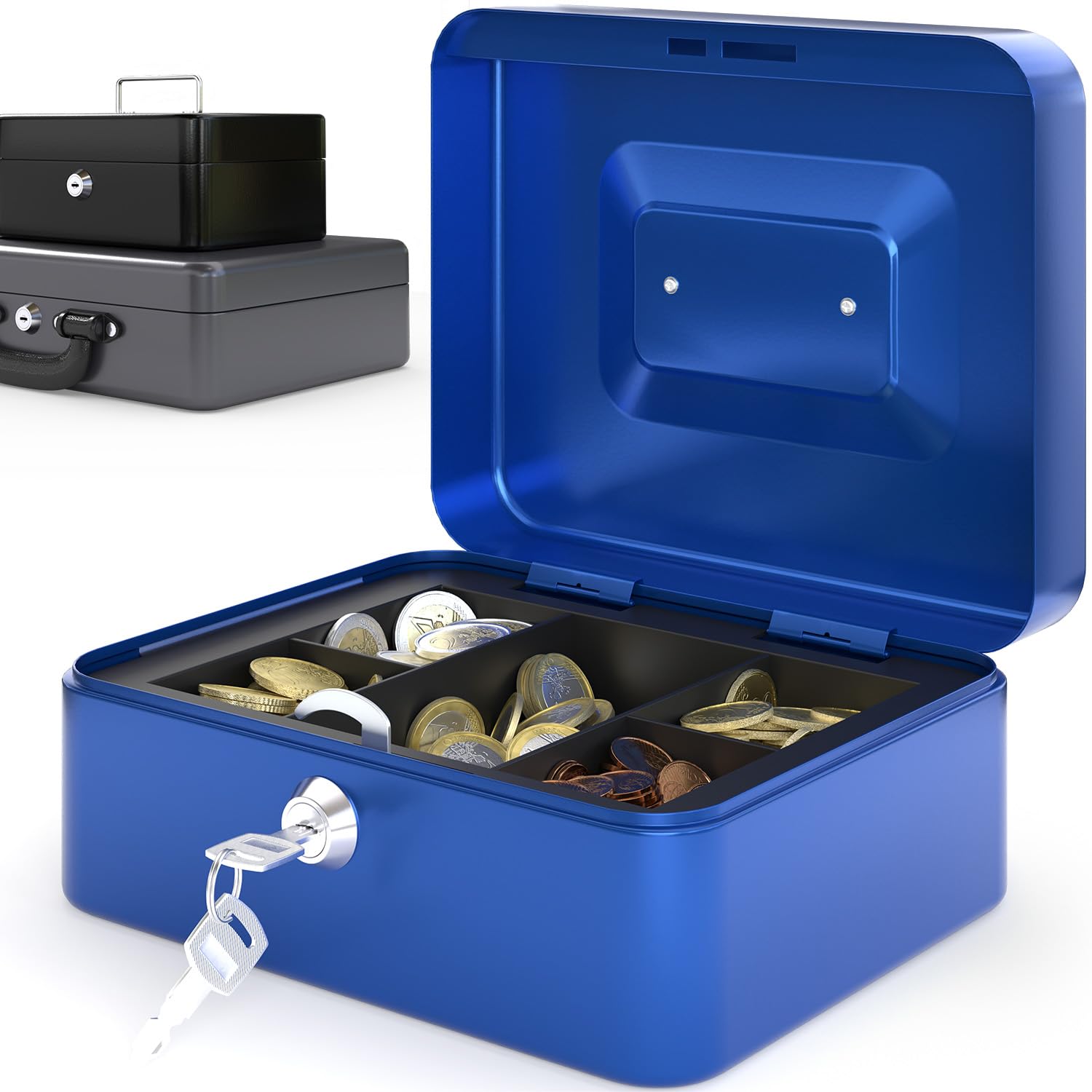 ACROPAQ 10041 Lockable Cash Box with Coin Counting Board, Small 16 x 20 x 9 cm, Lockable Box, Cash Box, Money Box Suitable for Money Storage, Blue