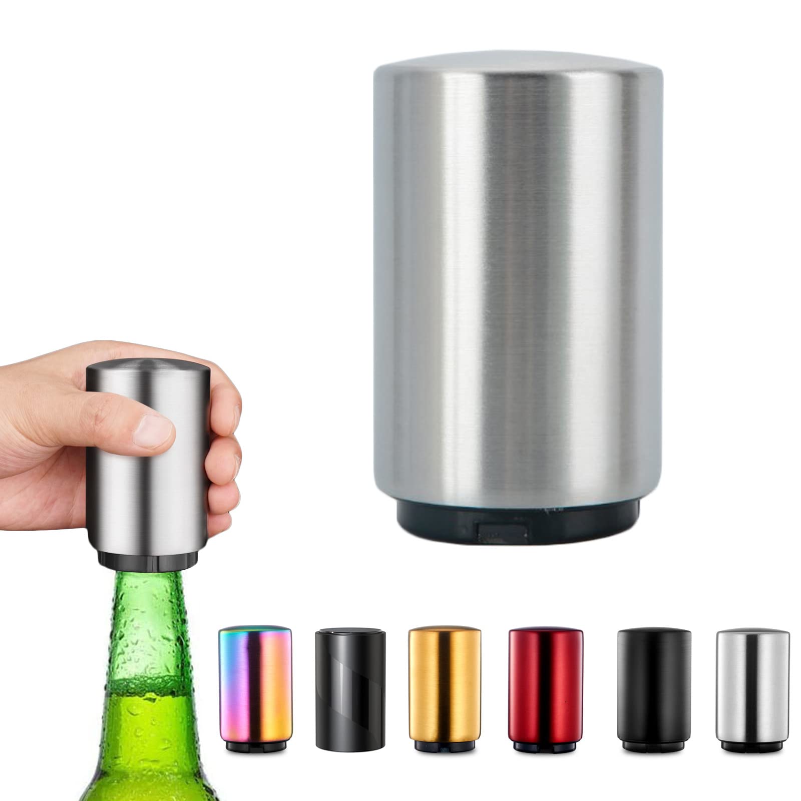 Magnetic Beer Bottle Opener,Stainless Steel Push Down Beer Bottle Opener, Beer Bottle Cap Opener with Magnet,Kitchen Gadgets for Men,Beer Gifts for Men Christmas Father's Day (Silver)