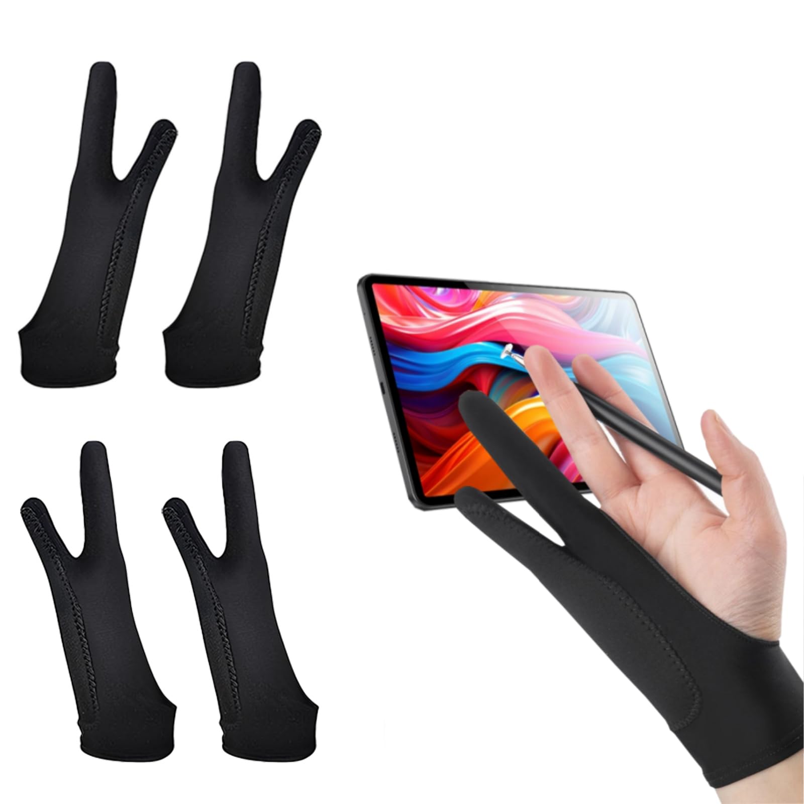 4 Pack Artist Glove for Graphics Drawing Tablet, 3-Layer Palm Anti-fouling Digital Art Glove for Graphic Tablet, Two Finger Gloves for Graphics Drawing, Pad and Art Creation for Right or Left Hand