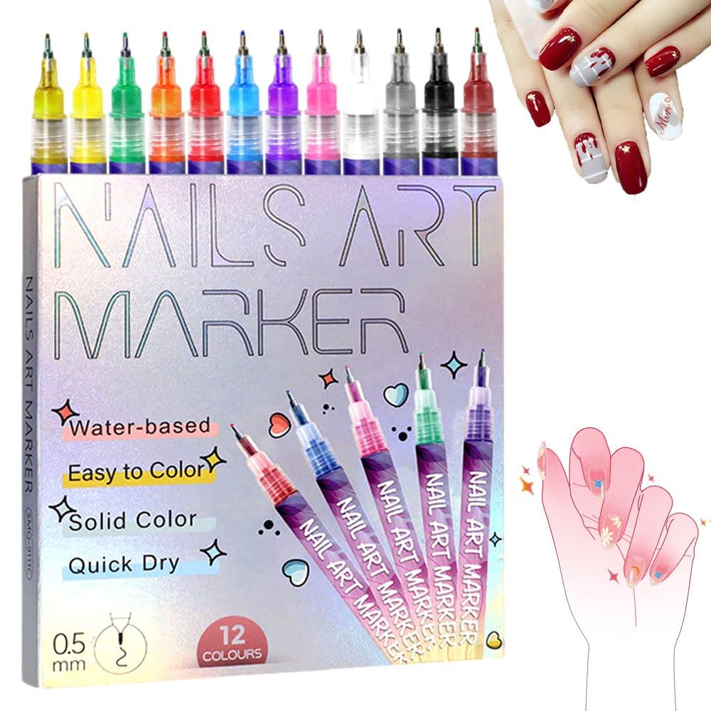 Photo 1 of 12 Color Nail Art Pens Set,Nail Art Markers Polish Pen,3D Quick-Dry Nail Polish Pens,Drawing Painting Liner Brush for Graffiti Dotting Drawing Painting Point Liner DIY