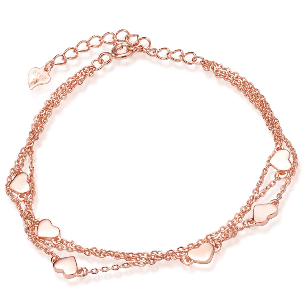 Yumilok 925 Sterling Silver Rose Gold Plated Women Charm Bracelet Hearts 3 Strand Bracelets Hand Chain with Extension