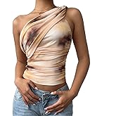 GORGLITTER Women's One Shoulder Asymmetrical Neck Going Out Tops Y2K Dressy Mesh Tie Dye Ruched Summer Crop Tank Tops
