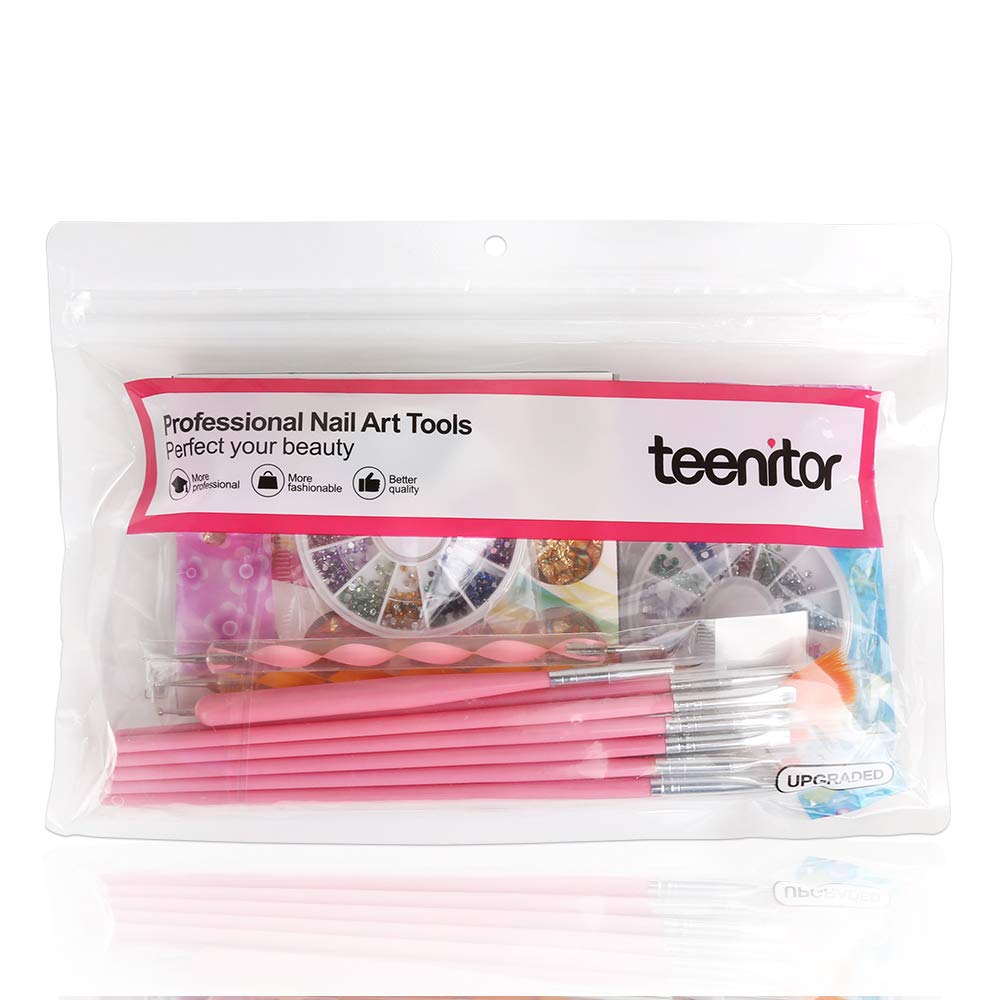 Nail Pen Designer, Teenitor Stamp Nail Art Tool with 15pcs Nail Painting Brushes, Nail Dotting Tool, Nail Foil, Manicure Tape, Color Rhinestones for Nails : Beauty