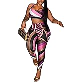 LXUAMR Sexy Club Outfits for Women Print Color Block Crop Top High Waisted Bodycon Pants Set 2 piece Going Out Outfits