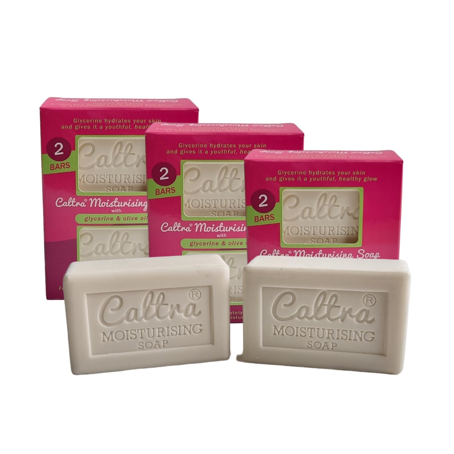 Caltra Moisturising Soap Bar with Olive Oil & Glycerine, Vegan, No SLS or Parabens, Natural Organic Softens & Nourishes Body Hand & Face Soap for Men Women (3 Pack (6 Soaps))