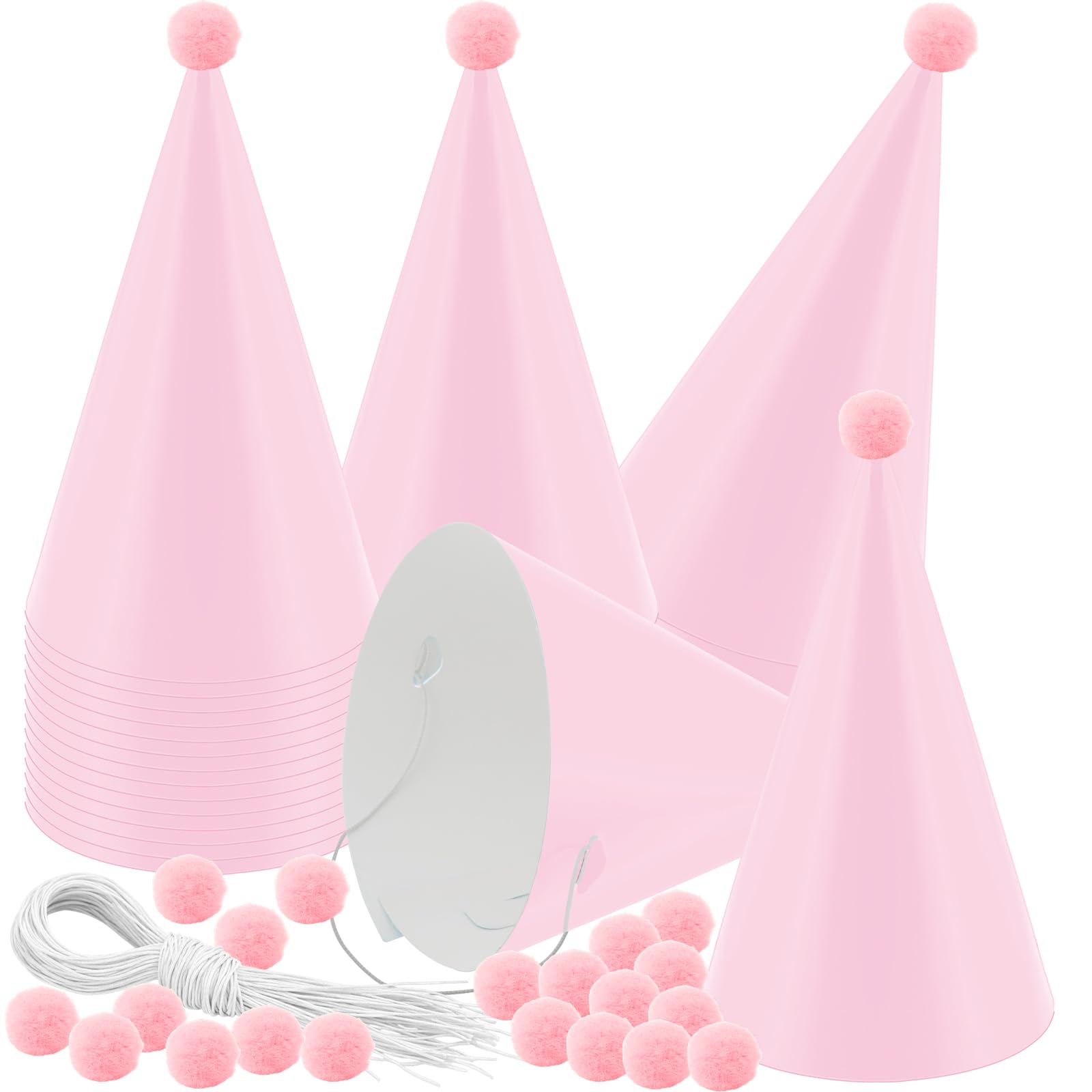 Photo 1 of Tmzczz 24 PCS Party Cone Hats with Pom Poms DIY Birthday Paper Cone Hats for Kids and Adults Birthday, Baby Shower, Bridal Shower (Pink)