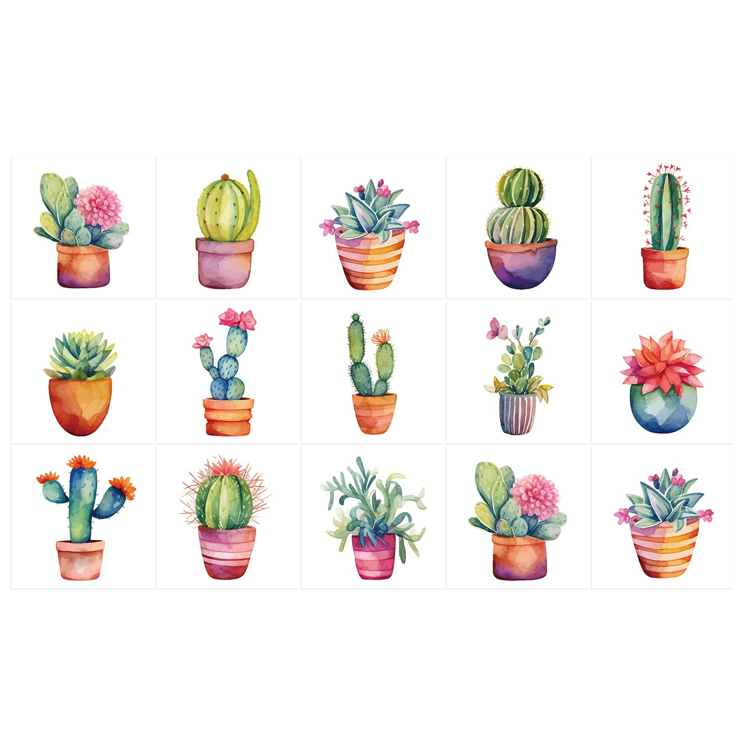 Ulticool Sticker Waterproof Sticker Tiles - Cactus Plant in Pot - 15 x 15 cm - Pack of 15 Tile Stickers Made of Film - Backstand for Wall Bathroom - Kitchen Wall Kitchen - Sticky Tiles
