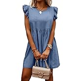 chouyatou Women's Denim Ruffle Flutter Sleeve Mini Dress Y2k Swing Baydoll Tunic Short Jean Dress