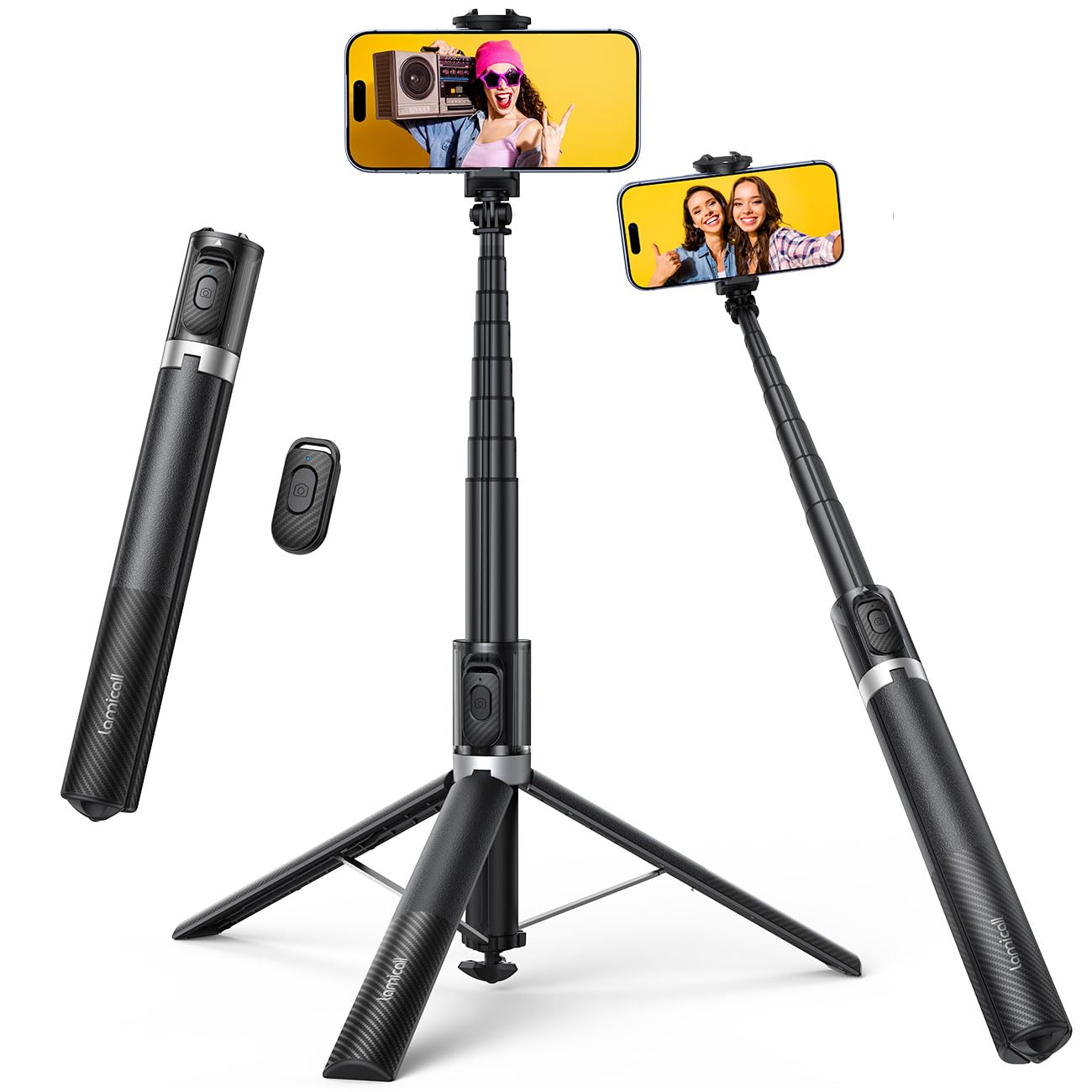 Lamicall 65" Phone Tripod & Selfie Stick - [Tap-to-Open] iPhone Tripod with Remote & Cold Shoe, Aluminum Phone Stand for Recording Compatible with iPhone for Video Recording Live Stream Vlog Black