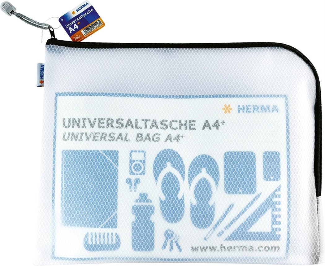 HERMA 20022 Zip Document Bag A4, transparent (36 x 28 cm) large zippered mesh pouch with zipper for laptop, tablet, books, papers, toys, clear storage wallet with zipper in black