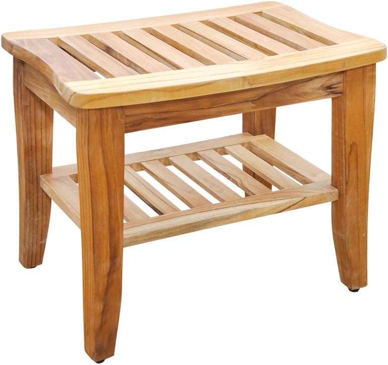 Sturdy Teak Shower Bench with Shelf and Rubber Feet, 20" long x 13.6" wide x 17.5" high. Foot Stool & Shower Shelf for Your Bathroom. Suitable for both Indoor and Outdoor