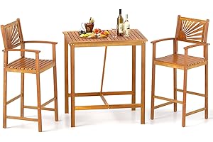 Tangkula 3 Piece Patio Bar Table & Chairs, Outdoor Acacia Wood Bar Set w/Slatted Seat & Tabletop, Wood Dining Bar Set w/Backrest, Armrests & Footrest for Backyard, Poolside, Balcony