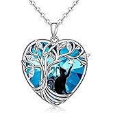 Fenthring Black Cat Necklace for Women Sterling Silver Tree of Life Crystal Cat Pendant Necklace Heart Cats Jewelry Charms Friendship Memorial Valentines Christmas Gifts