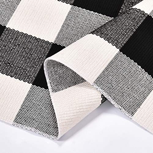 Area Rug Black White and Gray Classic Plaid Runner Rugs Hand Woven