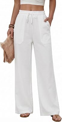 Pantalon Leger Ete Femme Fluide Taille Haute Elastique Ample Pantalons Detente Pantalon Droit Femme Chic et Elegant avec 4 Poches, Blanc, XXL