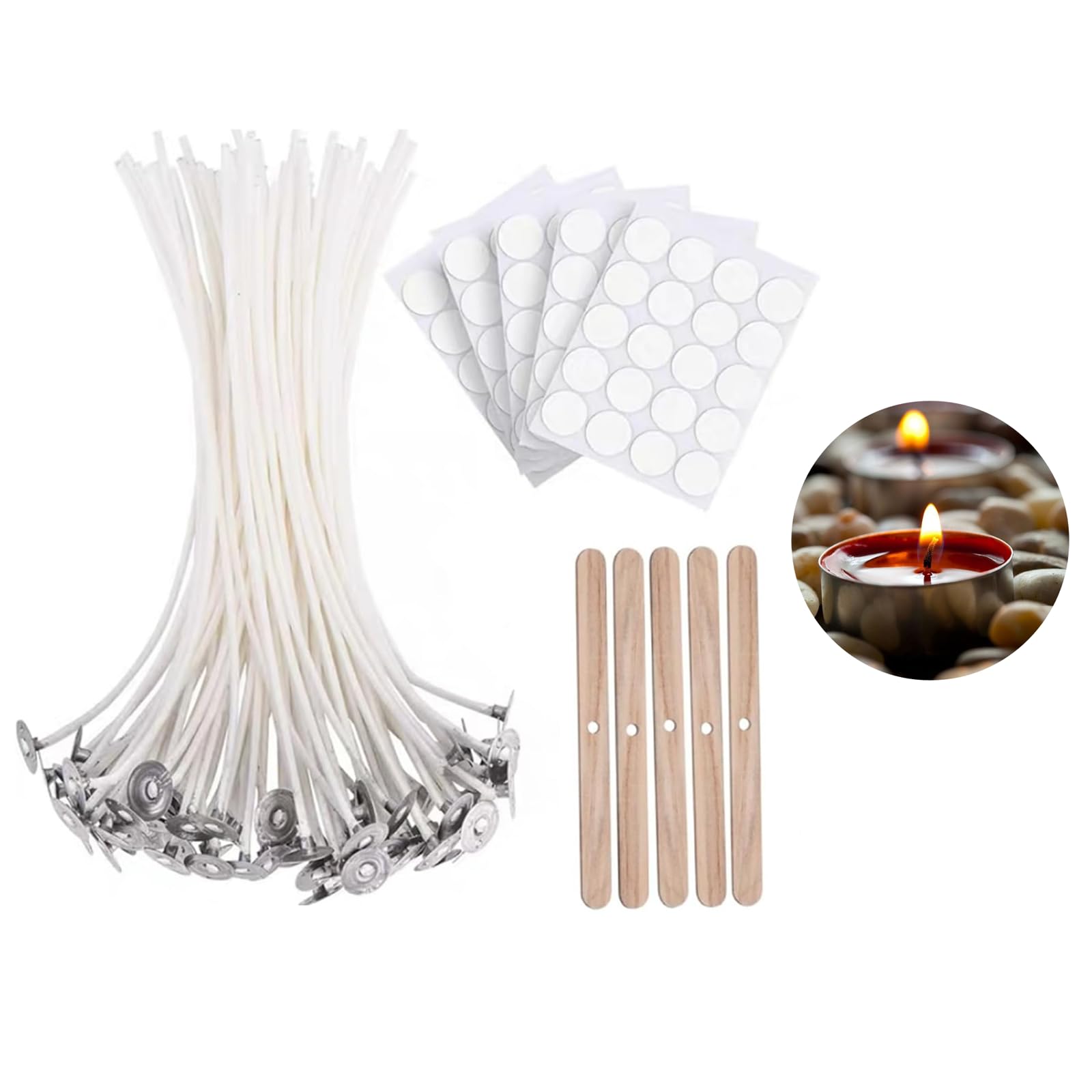 LIANRISES 100pcs Natural Cotton Candle Wicks with 5 Holders & 100 Stickers - DIY Candles for Home Decor