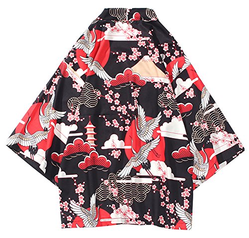 LifeHe Men's Japan Crane Kimono Cardigan Casual Open Front Coat Shirt (Red, L) - Thumbnail 6