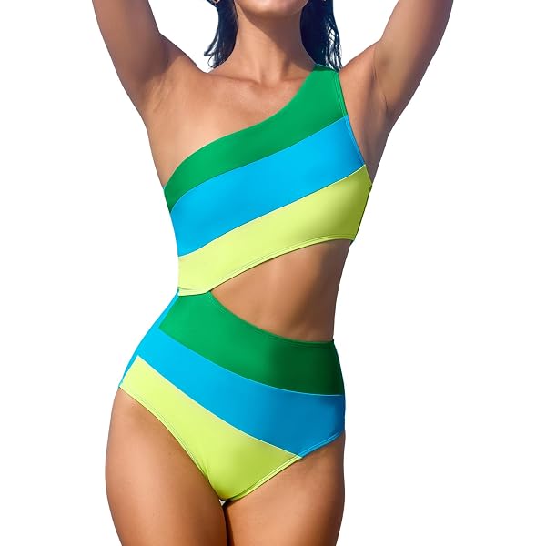 OYOANGLE Women's One Shoulder Color Block Tankini Set - High Waisted Bikini For Swim & Beach