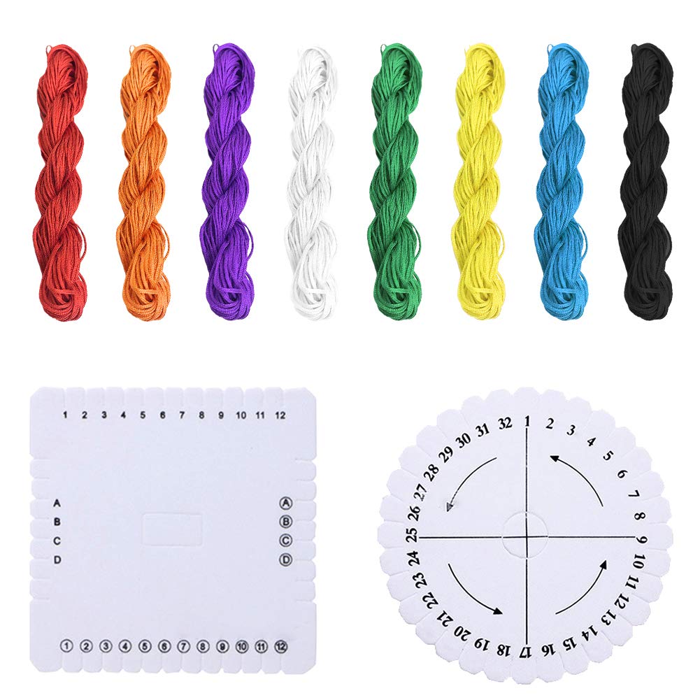 Kumihimo Disks Set,2 Pieces Round Square Kumihimo Beading Cord Disc with 8 Colors Knotting Cord Nylon Macrame Thread Cord Beading String for Bracelet Jewelry Making