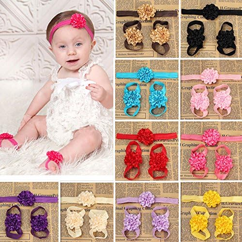 Moppi Kids Baby Girl Infants Feet Accessories Flower Barefoot Sandals Floral Hairwear Headband Photography Props Set