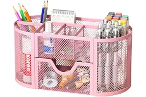 Wire Mesh Desk Organizer, Pink Pen Holder and Desk Organizer with Compartments, Desk Drawer Organizers and Accessories for Of