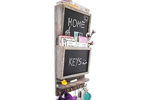 COMFIFY Rustic 2-Slot Mail Sorter Organizer for Wall with Chalkboard Surface & 3 Double Key Hooks - Wooden Wall Mount Mail Holder Organizer – Wall Décor for Entryway Made of Paulownia Wood - Rustic White
