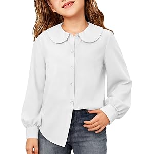 ZDC Girls Button Down Long Sleeve T Shirts with Peter Pan Collar Kids Dress Shirts School Uniform Blouse 5-14 Years