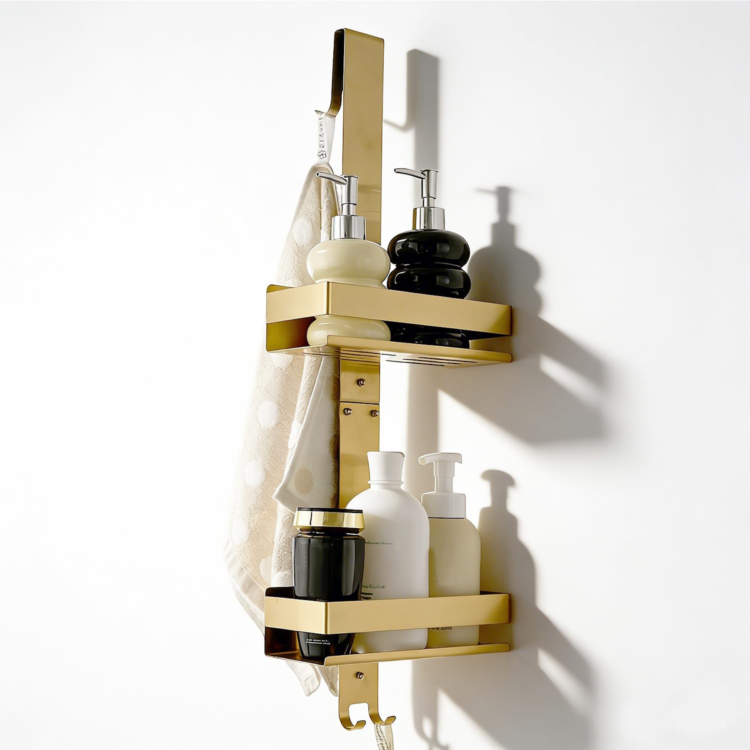 NEWRAIN Shower Caddy Hanging, Over Door Stainless Steel Double Layer Shower Shelf, No Drilling Bathroom Storage for Glass Door with Hooks, Gold