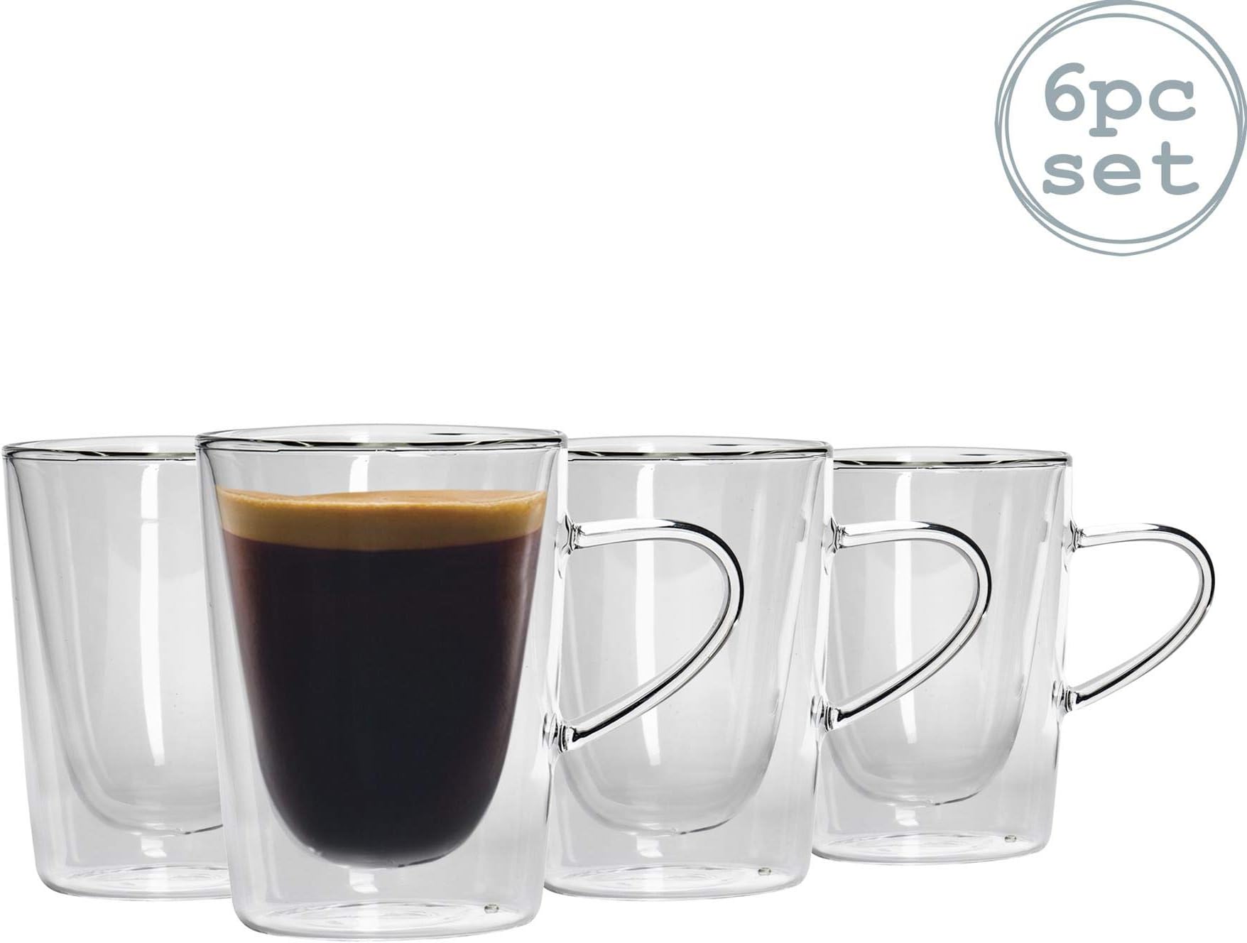 Rink Drink Double Walled Latte Coffee Tea Glasses with Handle 285ml (10oz) - Gift Box Set of 6 Insulated Cups
