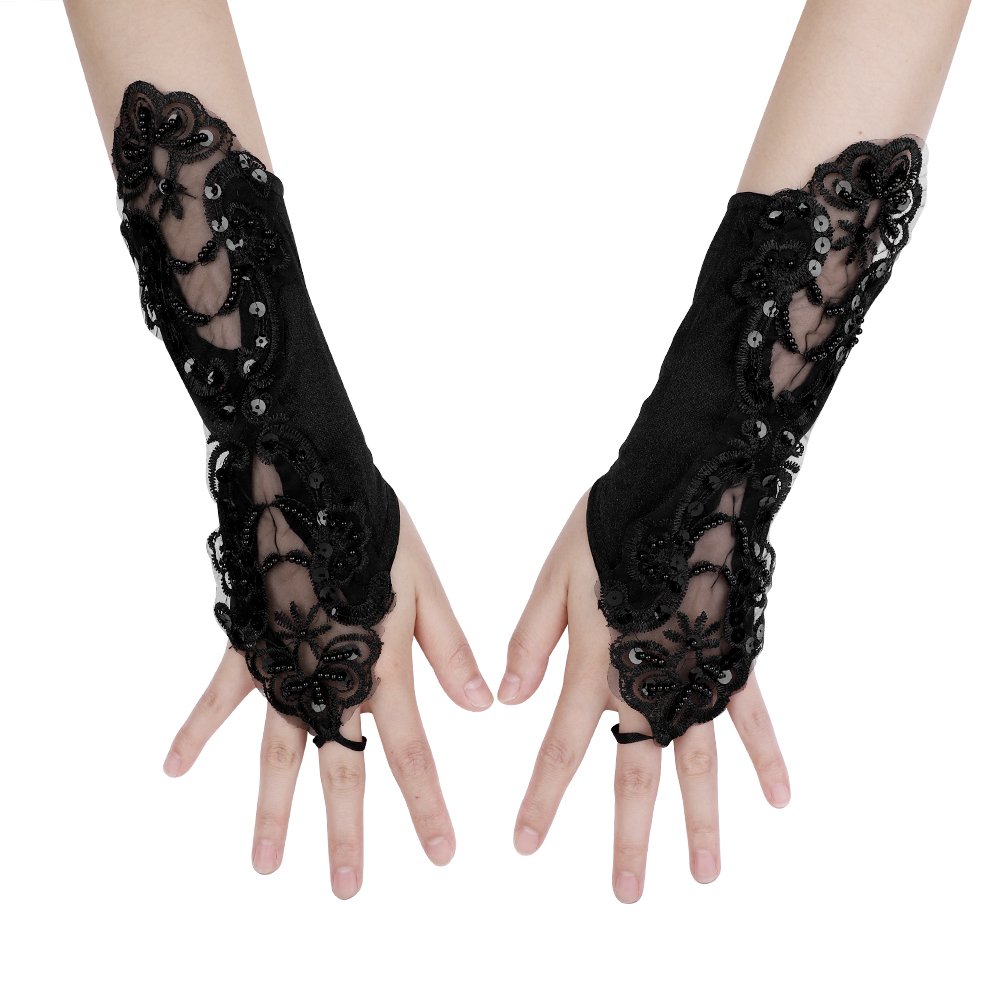 Lady Fingerless Gloves Long Lace Satin Gloves Sequin Evening Gloves