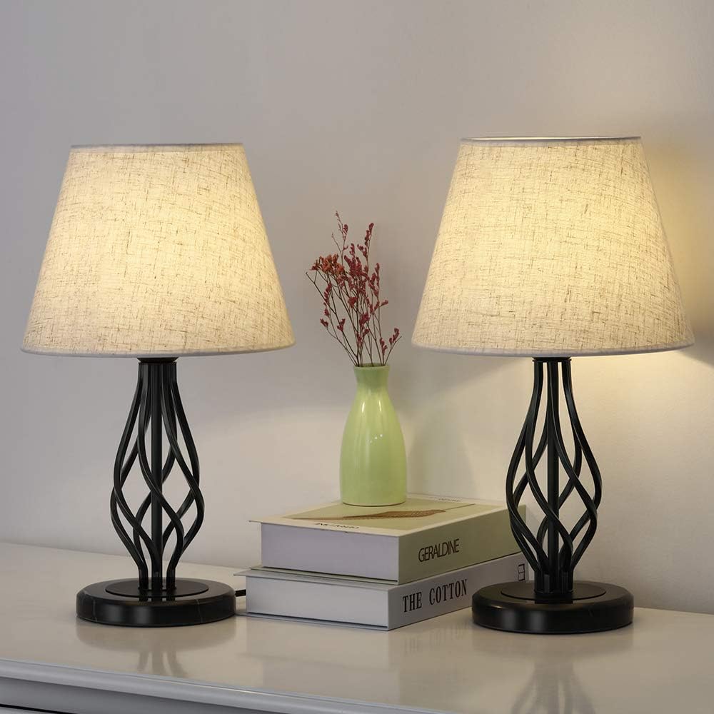 Amazon Com Table Lamp Set Of 2 Nightstand Bedside Lamp For Bedroom Black Marble Lamp Pairs With Linen Lampshade Desk Reading Lamp For Living Room Dressers Home Improvement