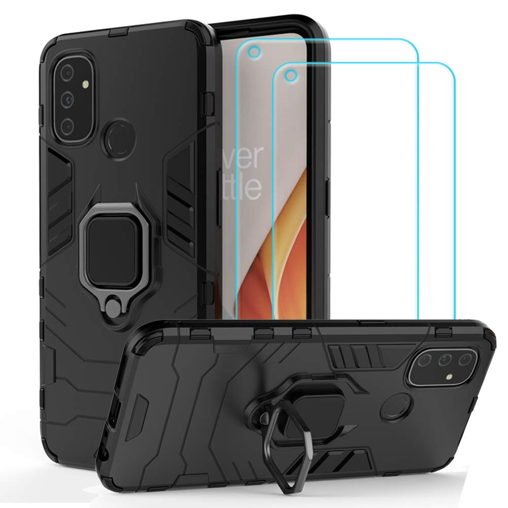 Ytaland for Oneplus Nord N100 Case, for Oneplus N100 Case with 2 x Tempered Glass Screen Protector. Shockproof Bumper Protective Phone Cover with Ring Kickstand (Black)