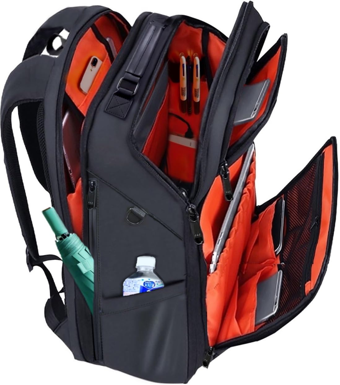 [ABIBA] 【ファスナー徹底 リュック メンズ ビジネス リュックサック スクエア 大容量 旅行用 PC 通学 通勤 出張 USB充電ポート 黒 型崩れ防止 しない (ブラック（裏地：オレンジ）)商品画像