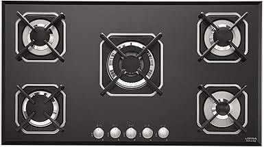 Gaskochfeld 91 cm breit Autark/Gasherd/Gas Kochfeld/Schwarz Gas/Facettenschliff/Einbauherd 5 Hochwertge Brennern/Gasfeld mit elektrischen Einhand-Funkenzündung/WOK Brenner 3,7 kW/Gas-kochstelle