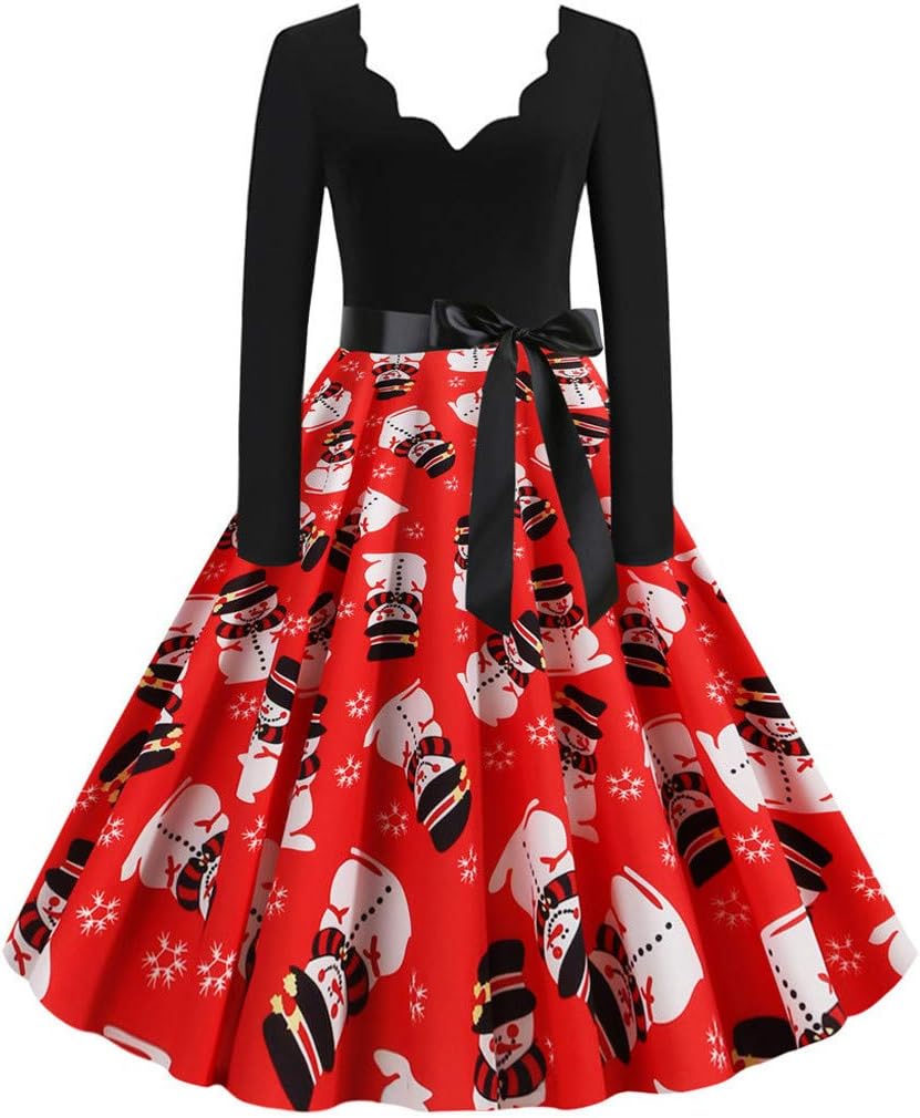 AOGOTO Women Christmas Dresses Long Sleeve V Neck Vintage Santa A Line Party Evening Dress