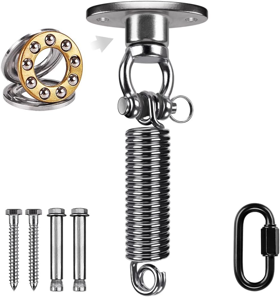 BeneLabel Swing Hanger Bearing, Hammock Chair Ceiling Hook 360 Swivel Mounting Bracket Carabiner with M6 Spring Hardware Set for Wood/Concrete Yoga Rope/Aerial Hoop/Punching Bag Suspension Kit, 350lbs