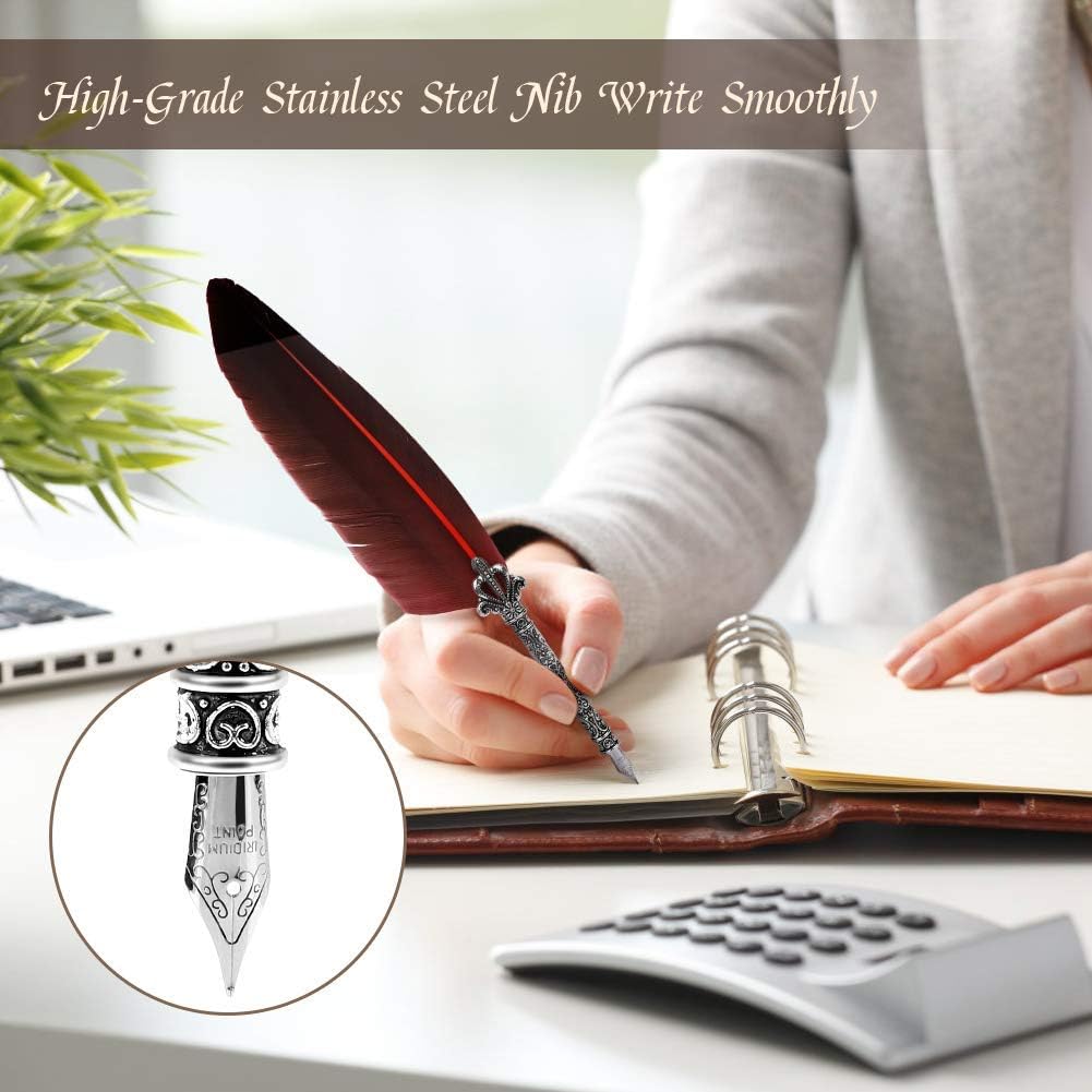 Quill Pen Antique Calligraphy Feather Handmade Quill and Ink Set for English Writing Vintage Executive Stationery Gift with Nib Bases Bottle No Ink - Image 3