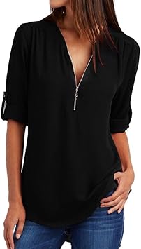 Chemisier Femmes Toamen Mode En Vrac Decontractee Tops Fermeture Eclair T Shirt Xl Noir Amazon Fr Beaute Et Parfum