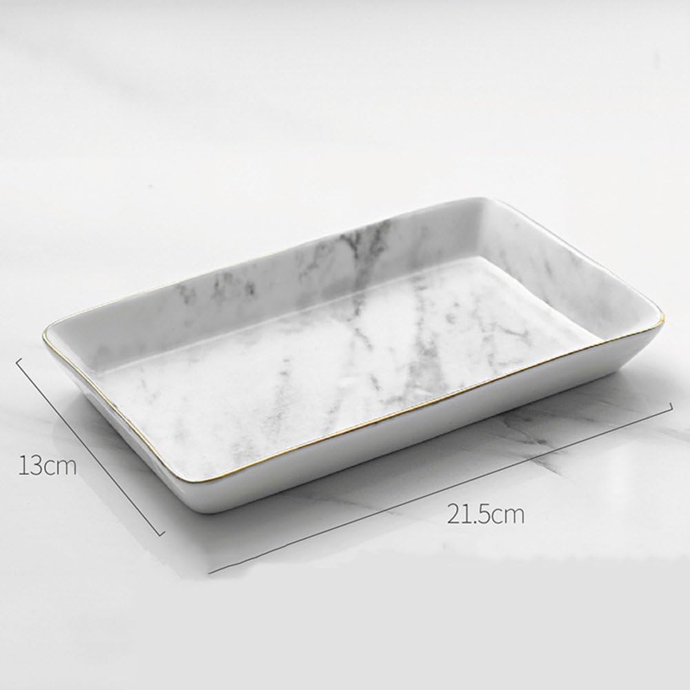 AMYSDREAMSTORE Ceramic marble gold-sides Decorative jewelry perfume key dish cosmetic vanity tray storage organizer ring storage tray Decorative jewelry trays-B 5x9inch