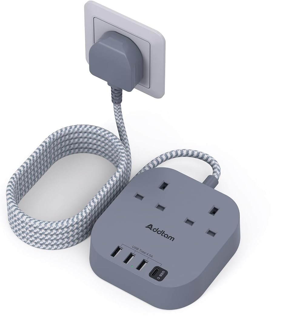 Addtam 3M Extension Lead with USB Ports 4 USB A/C Type C Surge Protector Gray