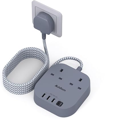 Addtam 3M Extension Lead with USB Ports 4 USB A/C Type C Surge Protector Gray