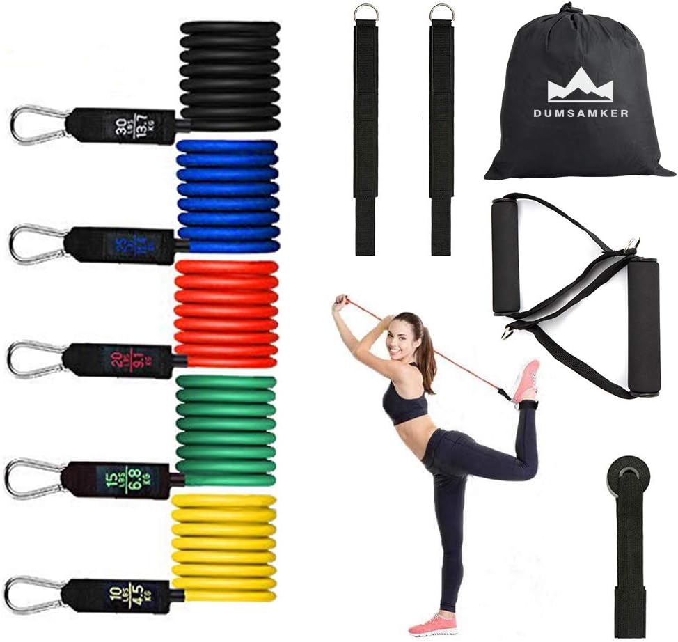 Dumsamker Resistance Bands Set -【2019 Upgraded】 Exercise Bands with Handles, Ankle Straps, Door Anchor and Guide Book - for Men Women Home Workouts and Resistance Training - 100% Life Time Guarantee