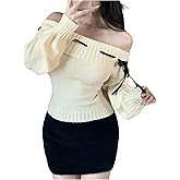 SweatyRocks Women's Off the Shoulder Sweater Bow Cable Knit Lantern Sleeve Pullover Sweaters