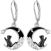 CUOKA MIRACLE Black Cat Earrings S925 Sterling Silver Moon Black Cat Earrings for Women Dangle Leverback Earring Moon Cats Earring Jewelry Gifts for Women Cats Lover