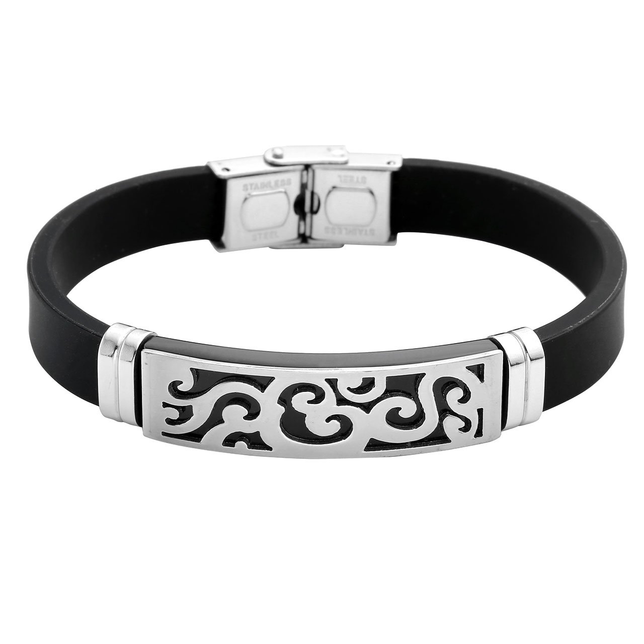 PiercingJ - Bijoux Bracelet en Caoutchouc Motif Lien Poignet Chaine de Main Biker Motard Acier Inoxydable Classique Couple Amoureux Cadeau Valentin avec Boite Cadeau