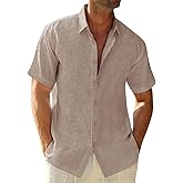 Runcati Mens Button Down Linen Shirts Short Sleeve Casual Collared Summer Beach Untucked Tops