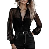 GORGLITTER Women's Sheer Button Up Blouse Tops Dressy Business Casual Fall Mesh Long Sleeve Button Down Work Shirt Top