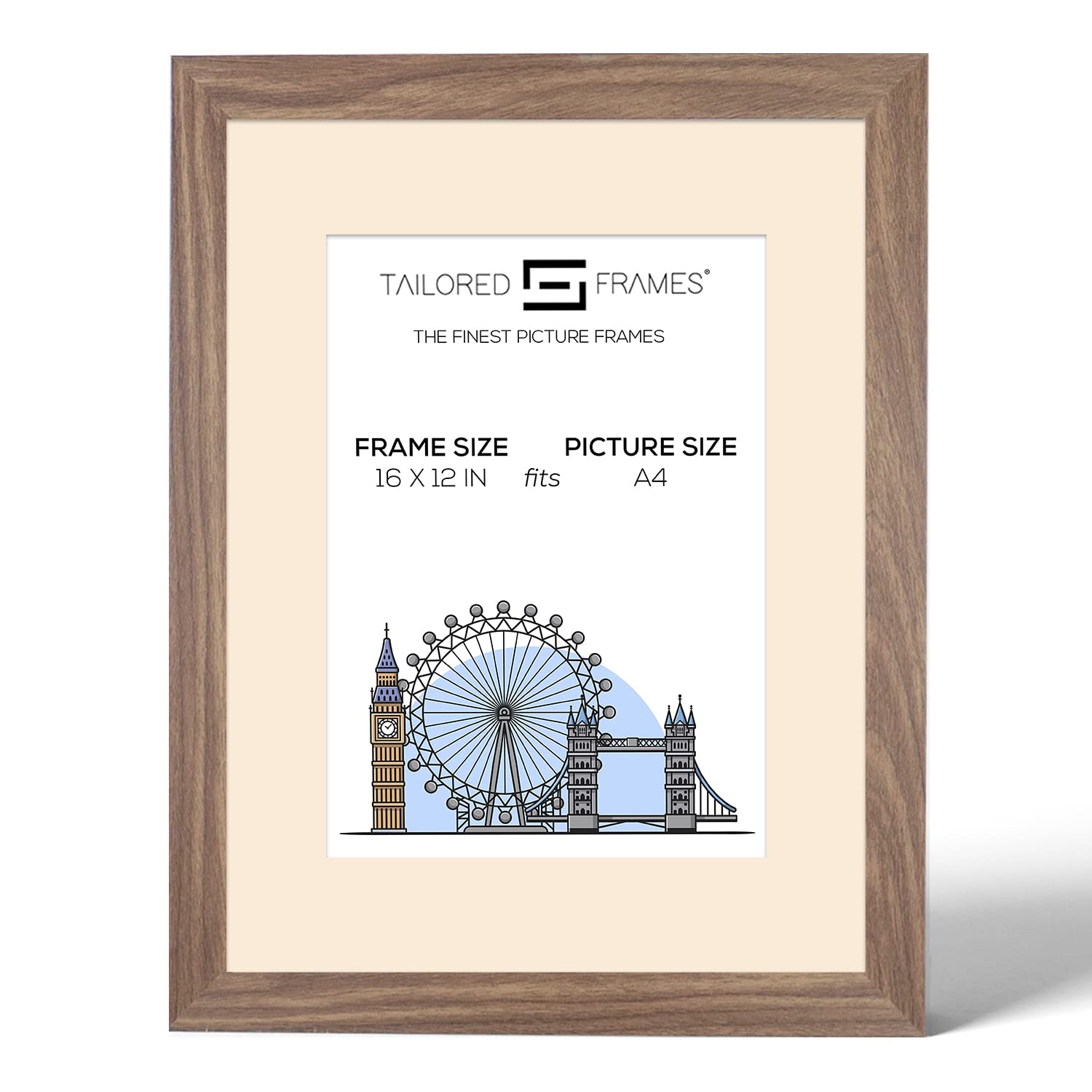 Tailored Frames Seattle Walnut 16" x 12" Frame for A4 Picture | Single Picture Frames | Wall Hanging Type | Photo Frame With Antique Mount