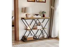 3-Tier Entryway Table, Industrial Console Table with Storage Shelves, Narrow Sofa Table with x-Shaped Metal Frame, Rustic Acc