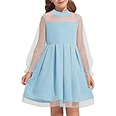 Haloumoning Girls Contrast Mesh Puff Long Sleeve Dresses Mock Neck Formal Party A Line Short Tulle Dress 5-14 Years
